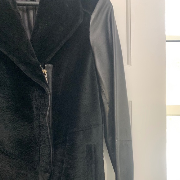 Saks Fifth Avenue Black Leather and Sheared Sheepskin Fur Coat - Picture 3 of 6